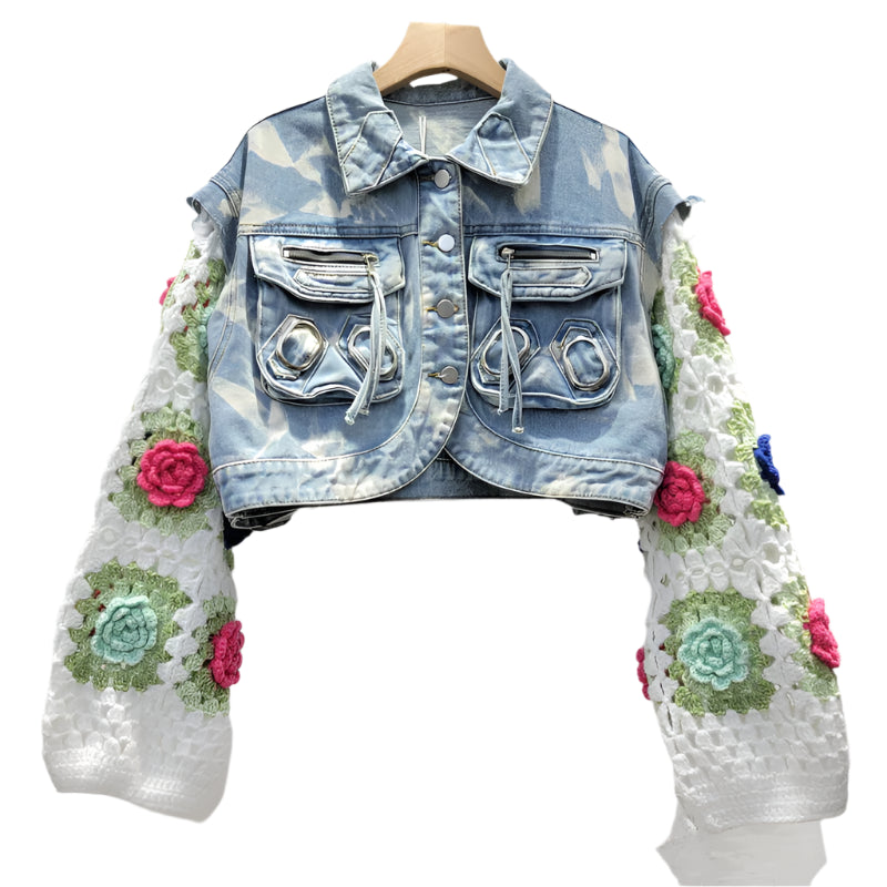 Denim Patchwork Knitted Flowers Sleeve Pocket Short Jacket Zip Front Button Front Snap Front