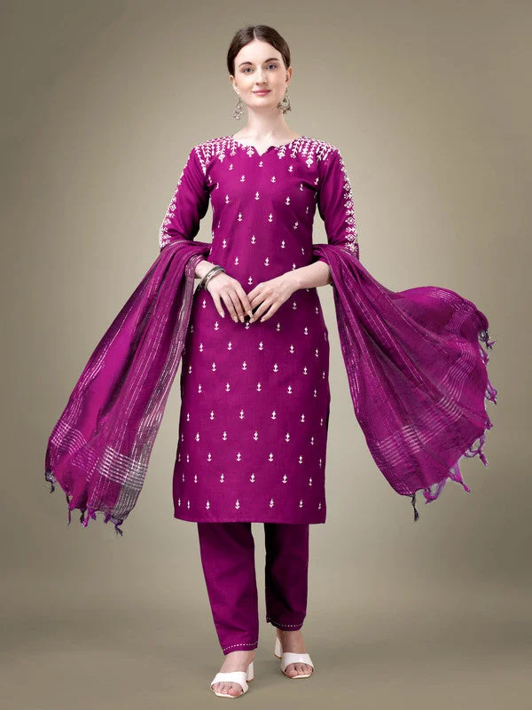 Women's Purple Cotton Blend Embroidery & Sequence Work Kurta With Trouser & Dupatta  (Stitched ) - Aastha Fashion Trousers Low Rise Relaxed