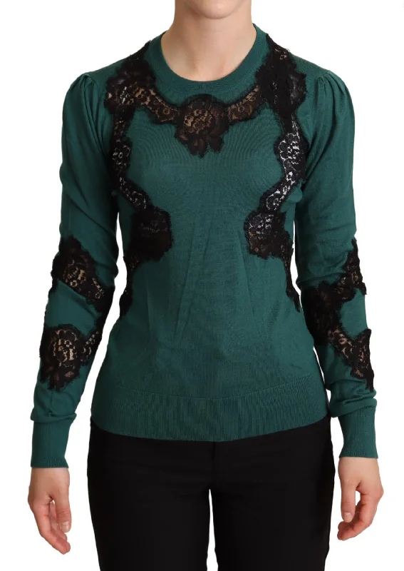 Dolce & Gabbana  Women's Green Lace Trimmed Sweater Wool Fabric Cashmere Fabric Tweed Fabric