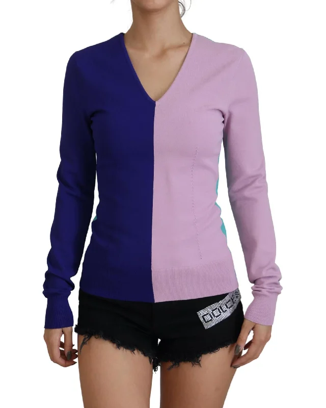 Dolce & Gabbana  Women's V-Neck Color Block Sweater in Purple Zippered Front Buttoned Front Snap Front