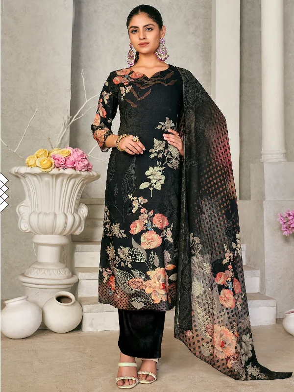 Women's Black Pashmina Floral Digital Printed Kurta With Trouser & Dupatta  (Semi-Stitched ) - Aastha Fashion Trousers stylish elegant