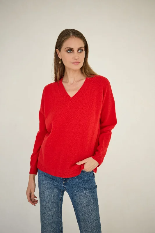 Cashmere Sweater Red Boat Neck Shawl Collar Notched Collar