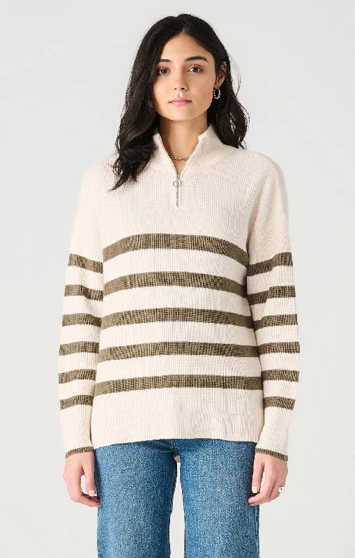 Top - Dex Long Sleeve Half Zip Stripe Sweater Open Front Closed Front Wrap Front