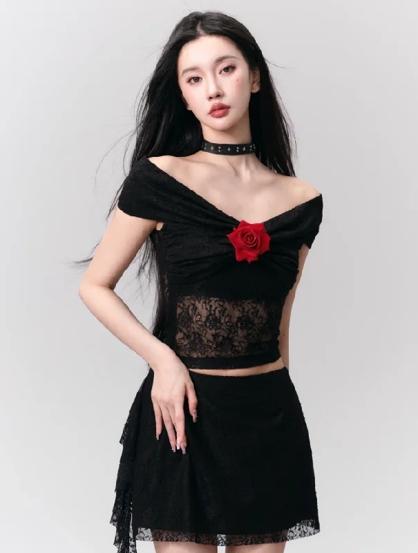 Rose Black Slim One Shoulder Top/Skirt FRA0155 casual skirt length