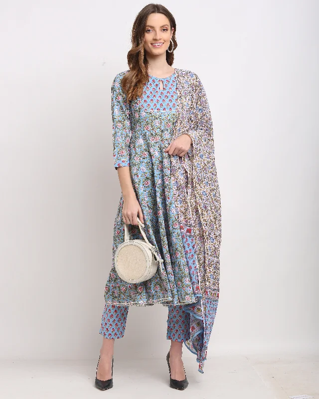 Women's Blue Cotton Kalamkari Printed Kurta With Trouser & Dupatta  (Semistitched (SKD) ) - Aastha Fashion Trousers Versatile Stylish