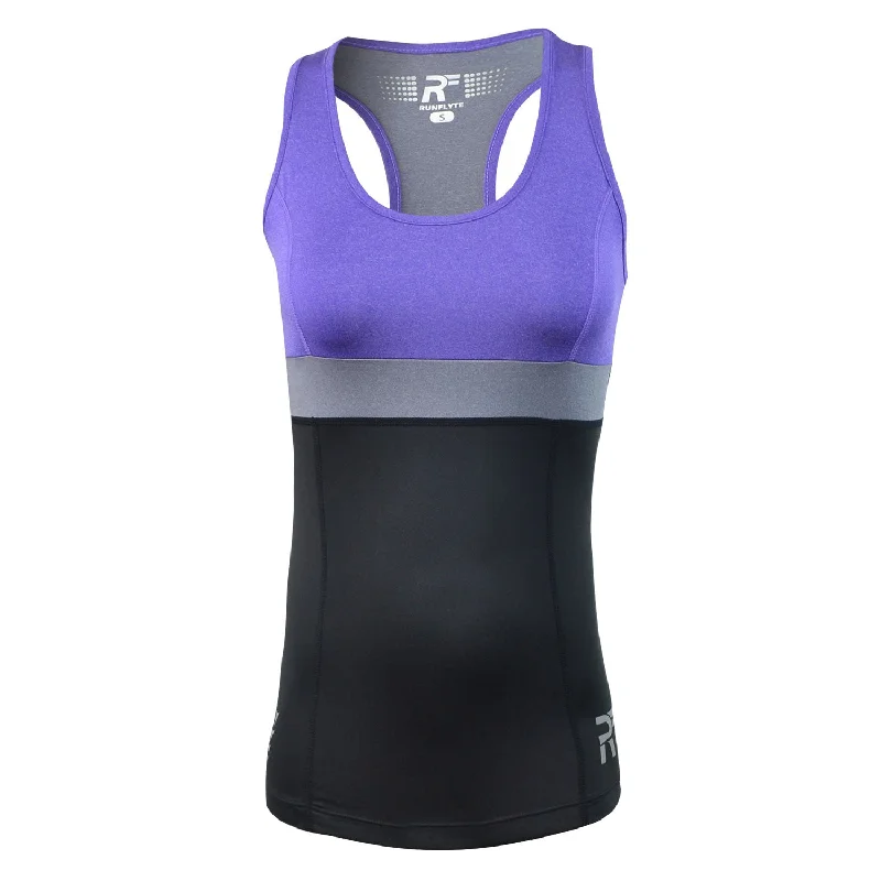 RunFlyte Women's Chakra II Tank Top - Fitted - Moisture Wicking - Violet/Black/Charcoal mesh tank top