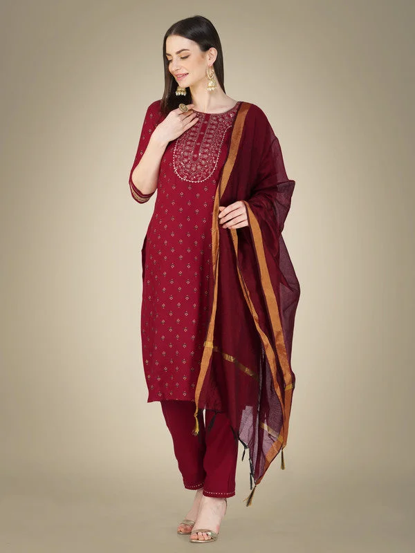 Women's Maroon Cotton Magic Slub Embroidery & Sequence Work Kurta With Trouser & Dupatta  (stitched 40 size, Alt 38 to 44 size) - Aastha Fashion High Waist Slim Fit Ankle Length