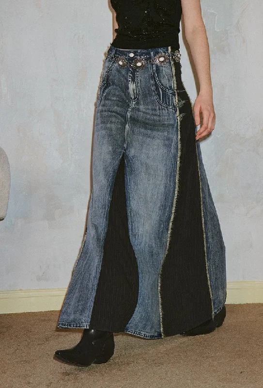 Geometric Cut Retro Distressed Washed Raw Edge Denim Patchwork Skirt DID0122 high waist skirt