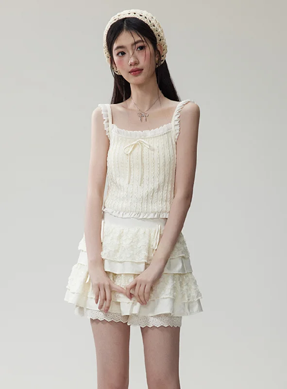 Ruffle Strap Girly Sleeveless Top & Lace Layered Mini Skirt NTO0071 lace skirt romantic