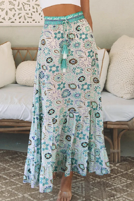 Sky Blue Boho Floral Print Maxi Skirt elastic waist skirt