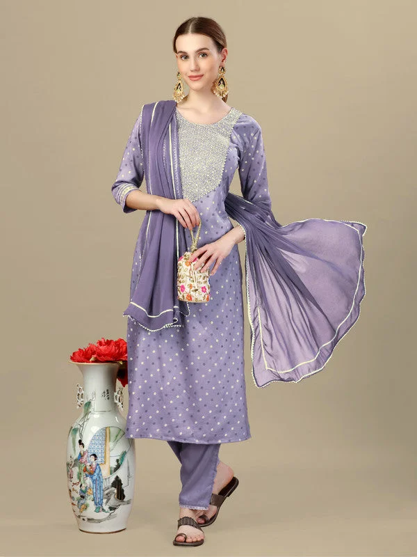 Women's Lavender Silk Blend Embroidery & Sequence Work Kurta With Trouser & Dupatta  (Stitched ) - Aastha Fashion Trousers Leather Faux