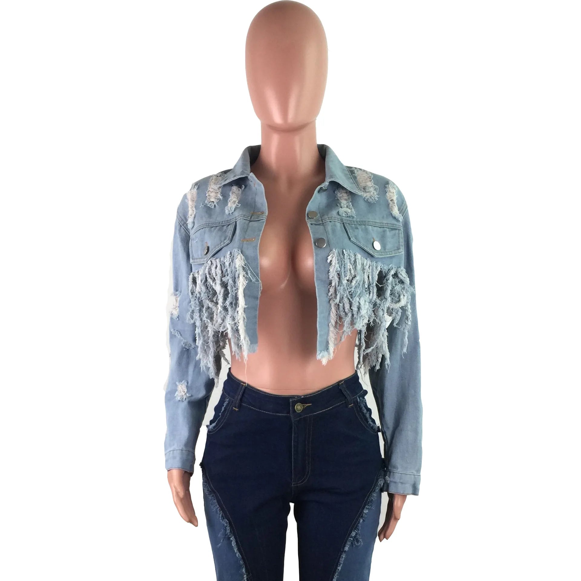 Denim Ripped Hole Tassel Jacket A-Line Jacket Boat Neck Shawl Collar