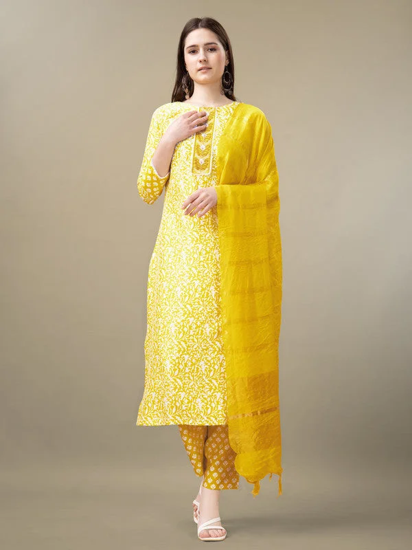 Women's Yellow Rayon Embroidery & Sequence Work Kurta With Trouser & Dupatta  (stitched 40 size, Alt 38 to 44 size) - Aastha Fashion Trousers chic fashionable