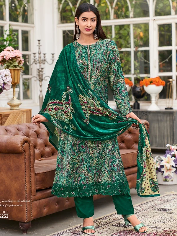 Women's Green Velvet Digital Print With Resham Thread Work Kurta With Trouser & Dupatta  (Semi-Stitched ) - Aastha Fashion Trousers Capri Summer