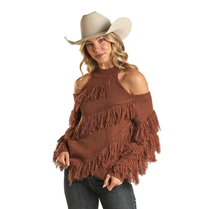 Rock & Roll Denim Ladies Angled Fringe Rust Sweater BW32T02043-90 Solid Color Striped Floral Print