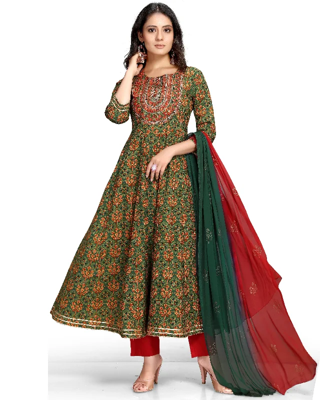 Women's Mehendi Cotton Jaipuri Printed Kurta With Trouser & Dupatta  (Semistitched (SKD) ) - Aastha Fashion Trousers Occasion Special