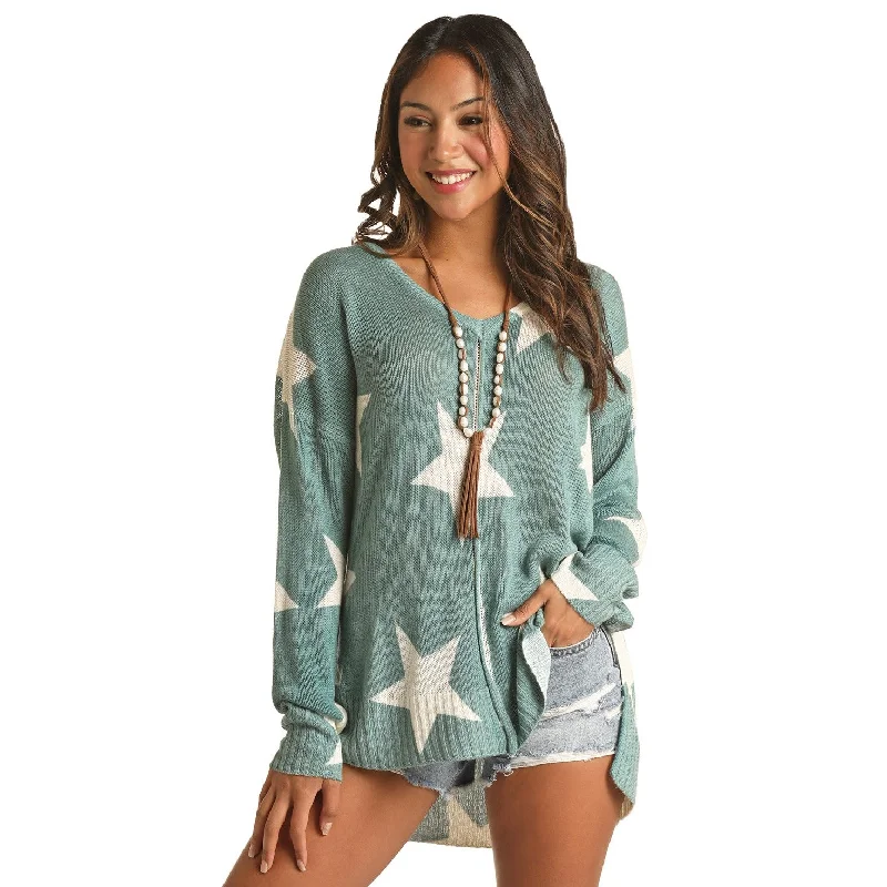 Rock & Roll Ladies Star Design Teal & White Sweater RRWT32RZO9 Handmade Hand-knitted Hand-woven