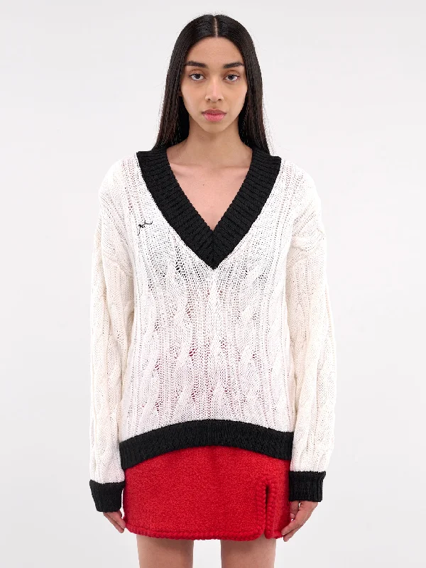 V-Neck Knit Sweater (RR-K043-WHITE-BLACK) Layered Multi-layer Single Layer