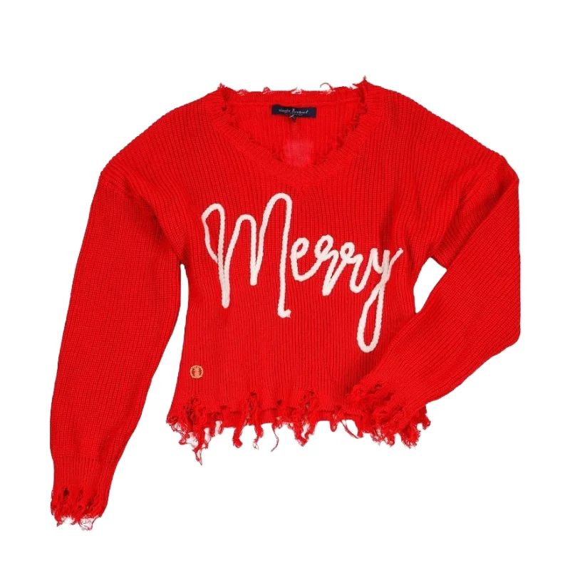 Simply Southern Ladies Merry Red Sweater 0224-SWTR-KNT-VNCK-MERRY Front Pockets Side Pockets Patch Pockets