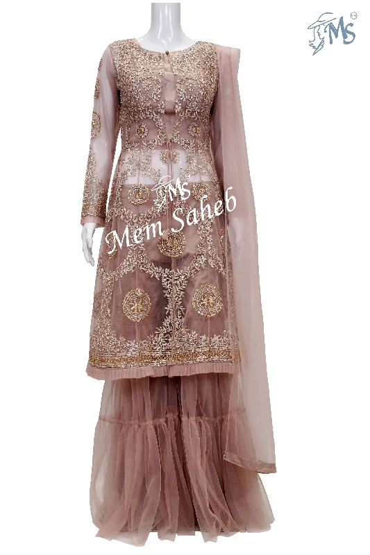 Indo Western Onion Pink Crop Top with Embroidery jacket and Gharara Pant Mesh Blend Leather Blend Suede Blend