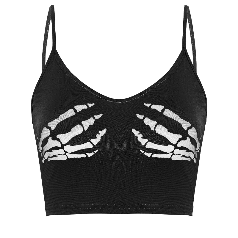 Club Women Summer Crop Top Camis Black Sleeveless Human Skeleton Skull Hand Printed Tights Vest Hooded Caped Shawl Collar