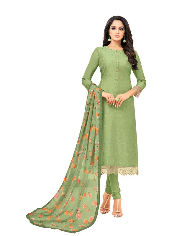 Women's Olive Green Chanderi Silk Embroidered Kurta With Trouser & Dupatta  (Semistitched (SKD) ) - Aastha Fashion Trousers Wedding White