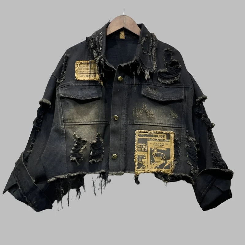 Denim Distressed Hand Frayed Patch Short Coat Jacket Zippered Front Buttoned Front Snap Front