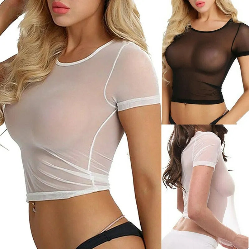 Sexy Women T Shirt See Through Mesh Black Tee Sheer Slim Short Sleeve Crop Top Women Clothing Blouse Transparent Clubwear Crop Top Seamless Stretchy