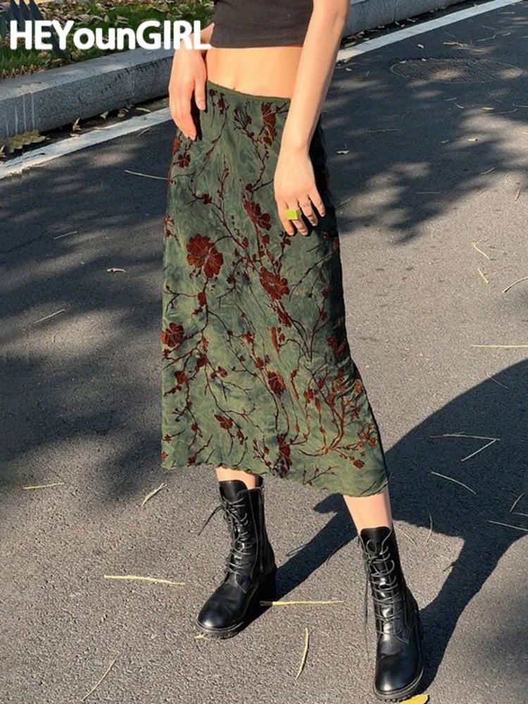 HEYounGIRL Vintage Long Skirt Green Floral Print Women Y2K High Street Grunge Fashion Elegant Mid-Calf Skirt Autumn Winter 2023 leather skirt bold