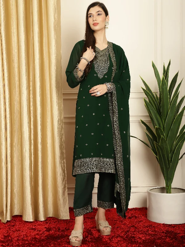 Women's Green Georgette Resham Thread & Sequin Kurta With Trouser & Dupatta  (Semi-Stitched ) - Aastha Fashion Trousers Gym Athletic