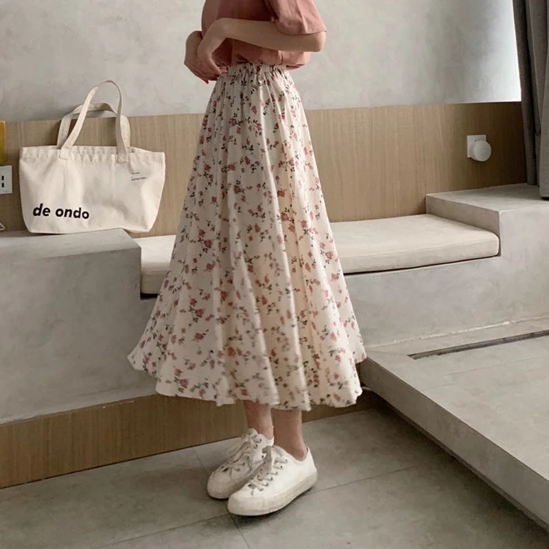 Vintage Floral Print A-line Pleated Long Skirts Women denim skirt fashionable