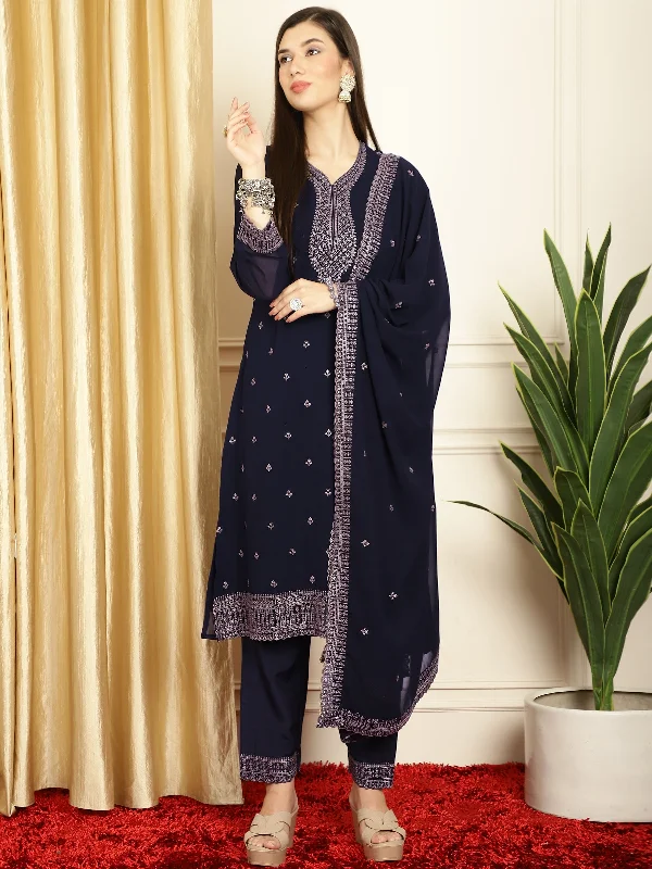 Women's Navy Blue Georgette Resham Thread & Sequin Kurta With Trouser & Dupatta  (Semi-Stitched ) - Aastha Fashion Trousers Leisure Comfortable