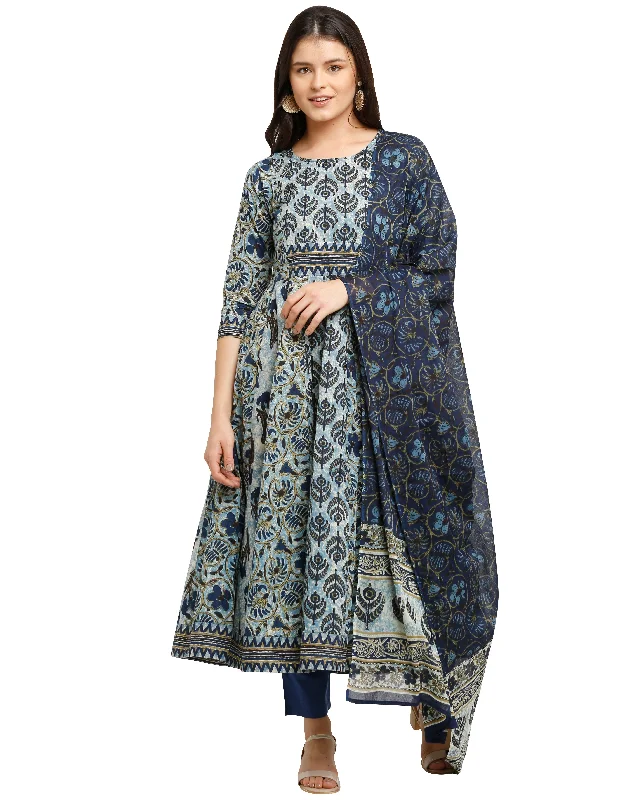 Women's Navy Blue Cotton Printed Kurta With Trouser & Dupatta  (Semistitched (SKD) ) - Aastha Fashion Trousers New Arrival