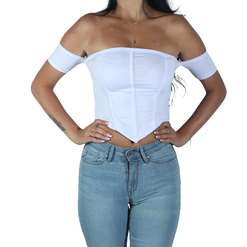 Corset Front And Attached Short Sleeve Crop Top Chenille Blend Fleece Blend Nylon Blend