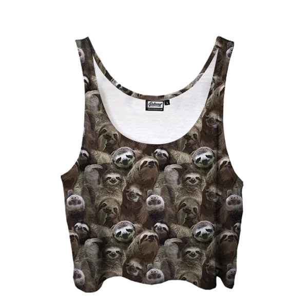 Sloth Pattern Crop Top Zippered Buttoned Snapped