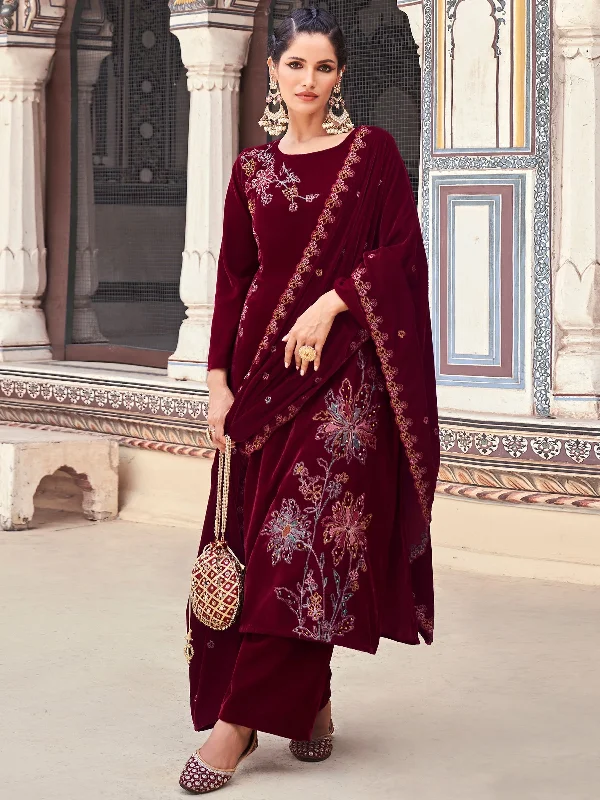 Women's Maroon Velvet Resham Thread With Jari & Sequin Kurta With Trouser & Dupatta  (Semi-Stitched ) - Aastha Fashion Chinos Cotton Straight Leg