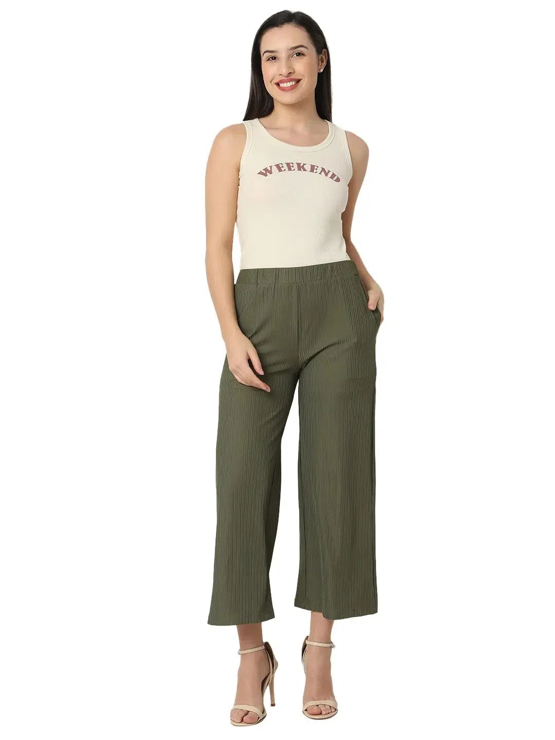 Smarty Pants Women's Cotton Rib Olive Color Pleated Trouser Trousers sophisticated sleek