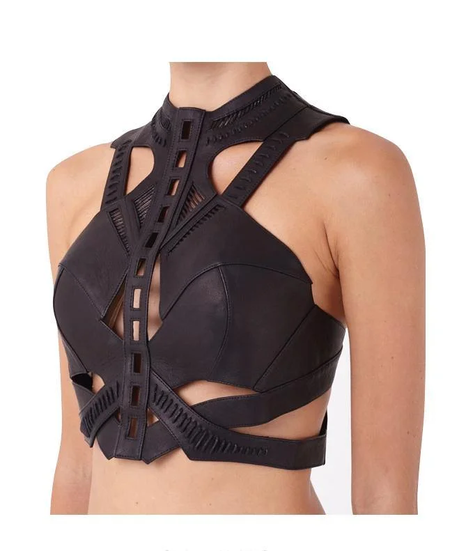 Pompeii Leather Crop Top Hooded Caped Shawl Collar