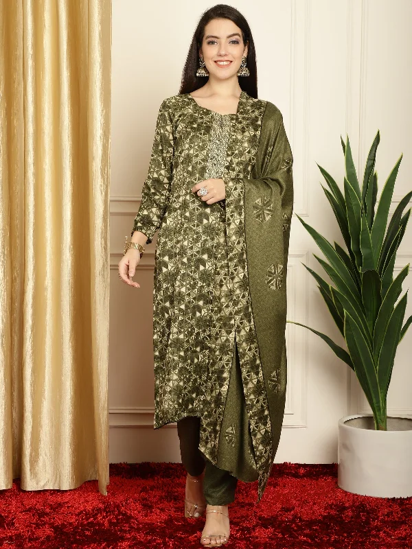 Women's Green Pashmina Floral Digital Printed Kurta With Trouser & Dupatta  (Semi-Stitched ) - Aastha Fashion Trousers Occasion Special