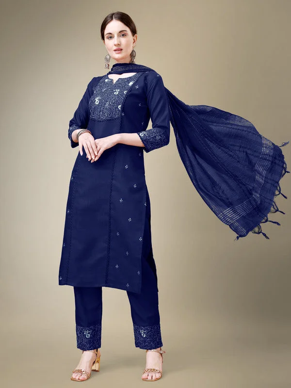 Women's Navy Blue Cotton Blend Embroidery & Fancy Lace Work Kurta With Trouser & Dupatta  (Stitched ) - Aastha Fashion Trousers Palazzo Wide Leg