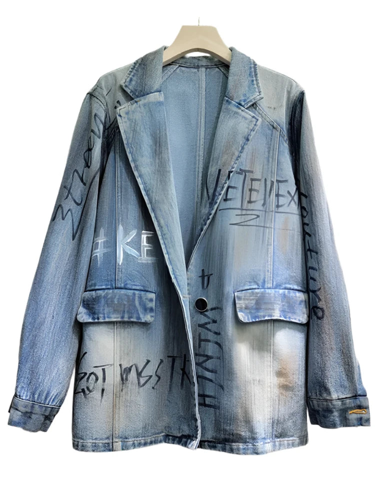 Denim Letter Graffiti Single Buttoned  Jacket Nylon Jacket Polyester Jacket Spandex Jacket