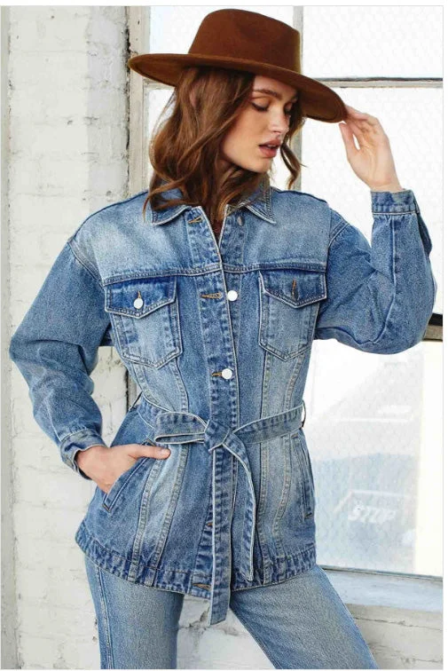 CLEARANCE- Long Line Denim Belted Jacket Fleece Fabric Down Fabric Feather Fabric