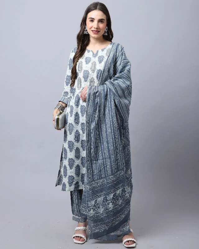 Women's Off White Cotton Jaipuri Printed Kurta With Trouser & Dupatta  (Semistitched (SKD) ) - Aastha Fashion Trousers Fall Fleece