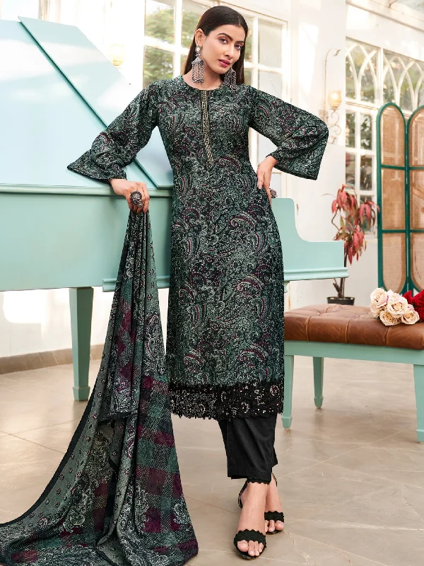 Women's Green Velvet Digital Print With Resham Thread Work Kurta With Trouser & Dupatta  (Semi-Stitched ) - Aastha Fashion Trousers Tapered Slim Fit