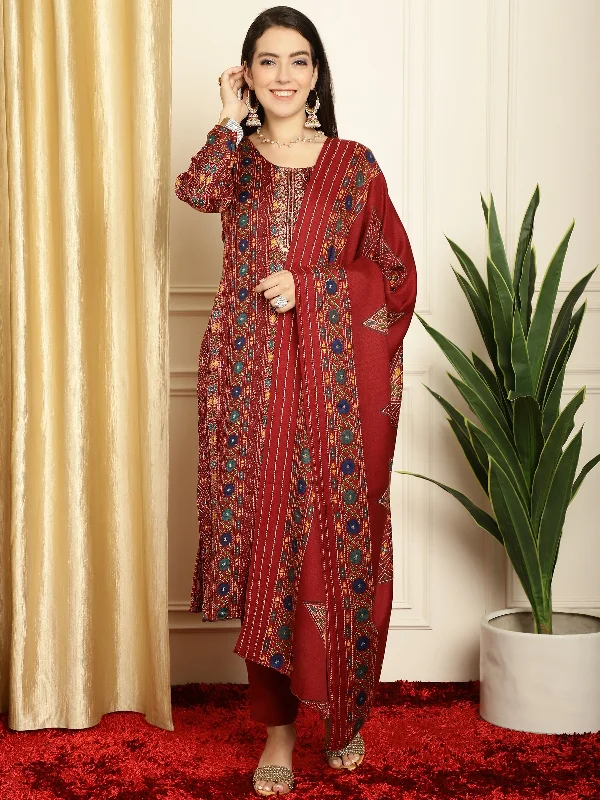 Women's Maroon Pashmina Floral Digital Printed Kurta With Trouser & Dupatta  (Semi-Stitched ) - Aastha Fashion Trousers Spring Floral