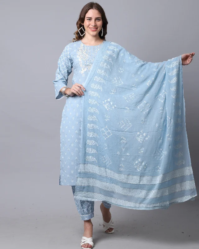 Women's Sky Blue Cotton Jaipuri Printed Kurta With Trouser & Dupatta  (Semistitched (SKD) ) - Aastha Fashion Trousers Spring Floral