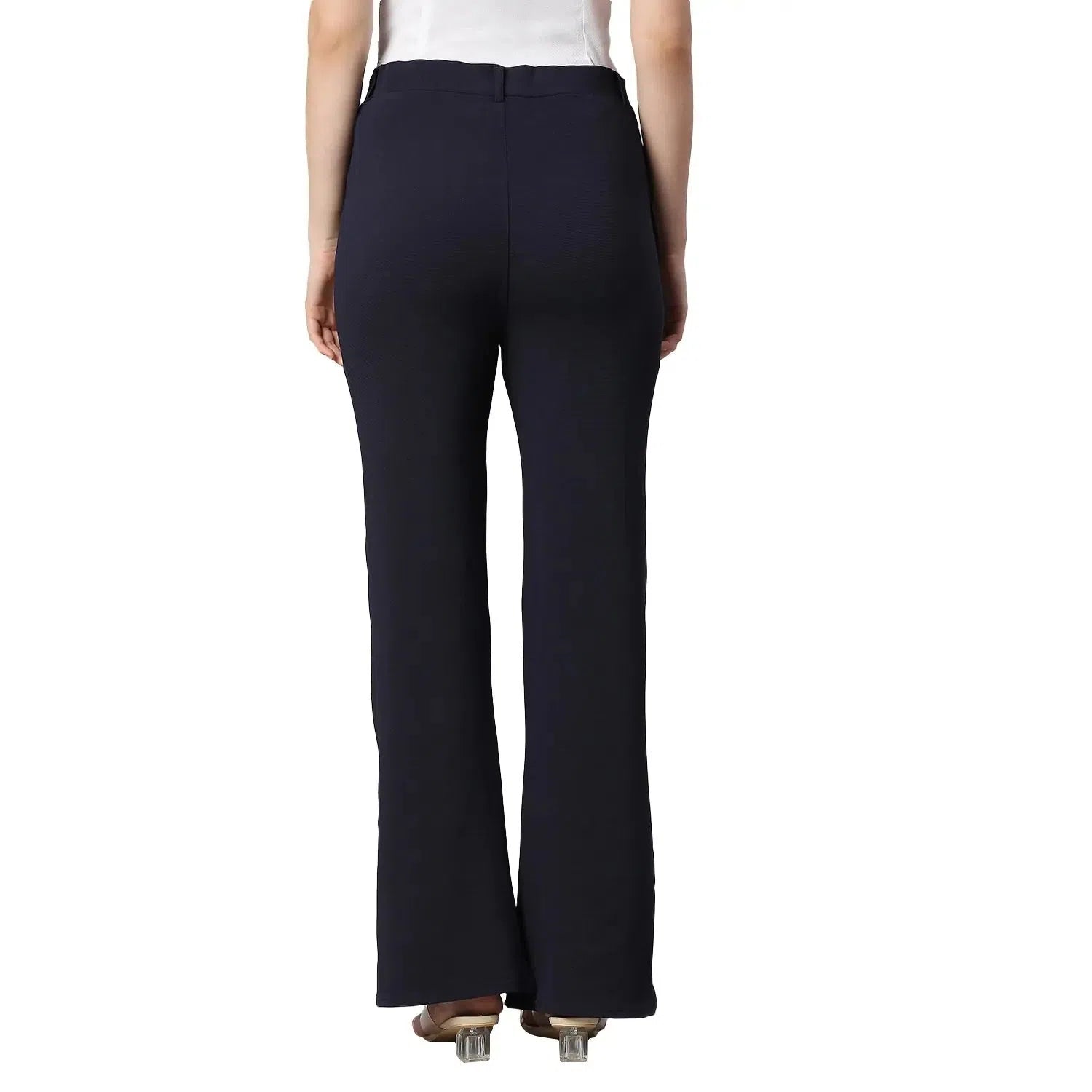 Smarty Pants Women's Cotton Lycra Bell Bottom Navy Blue Color Formal Trouser Trousers Cargo pockets