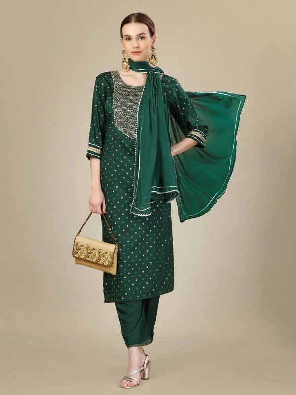 Women's Dark Green Silk Blend Embroidery & Sequence Work Kurta With Trouser & Dupatta  (Stitched ) - Aastha Fashion Trousers Corduroy Warm