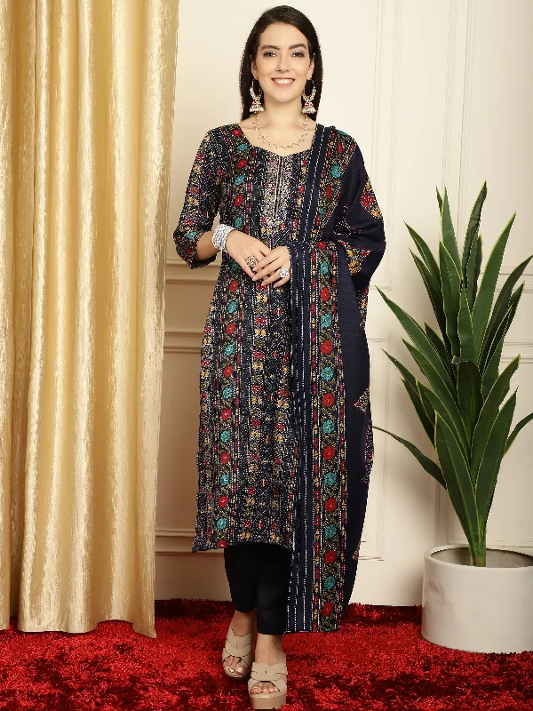 Women's Navy Blue Pashmina Floral Digital Printed Kurta With Trouser & Dupatta  (Semi-Stitched ) - Aastha Fashion Trousers Summer Linen