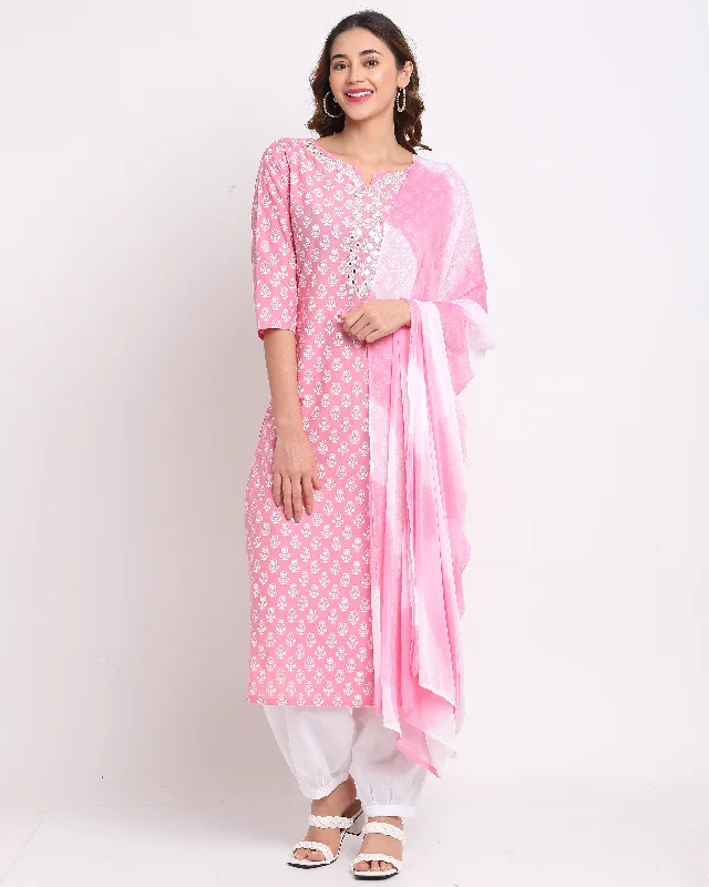 Women's Pink Cotton Embroidered Kurta With Trouser & Dupatta  (Semistitched (SKD) ) - Aastha Fashion Trousers Mesh Breathable